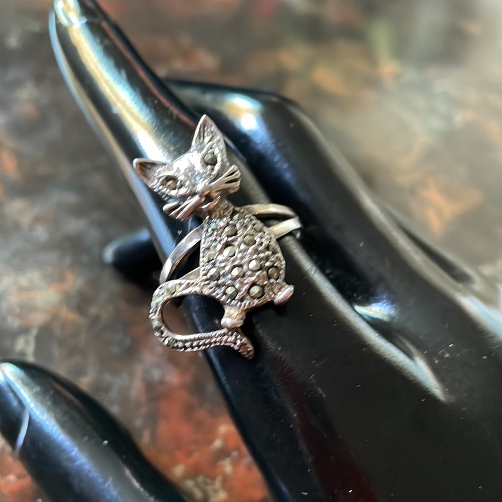 🌞 Figural cat 925 marcasite women’s ring